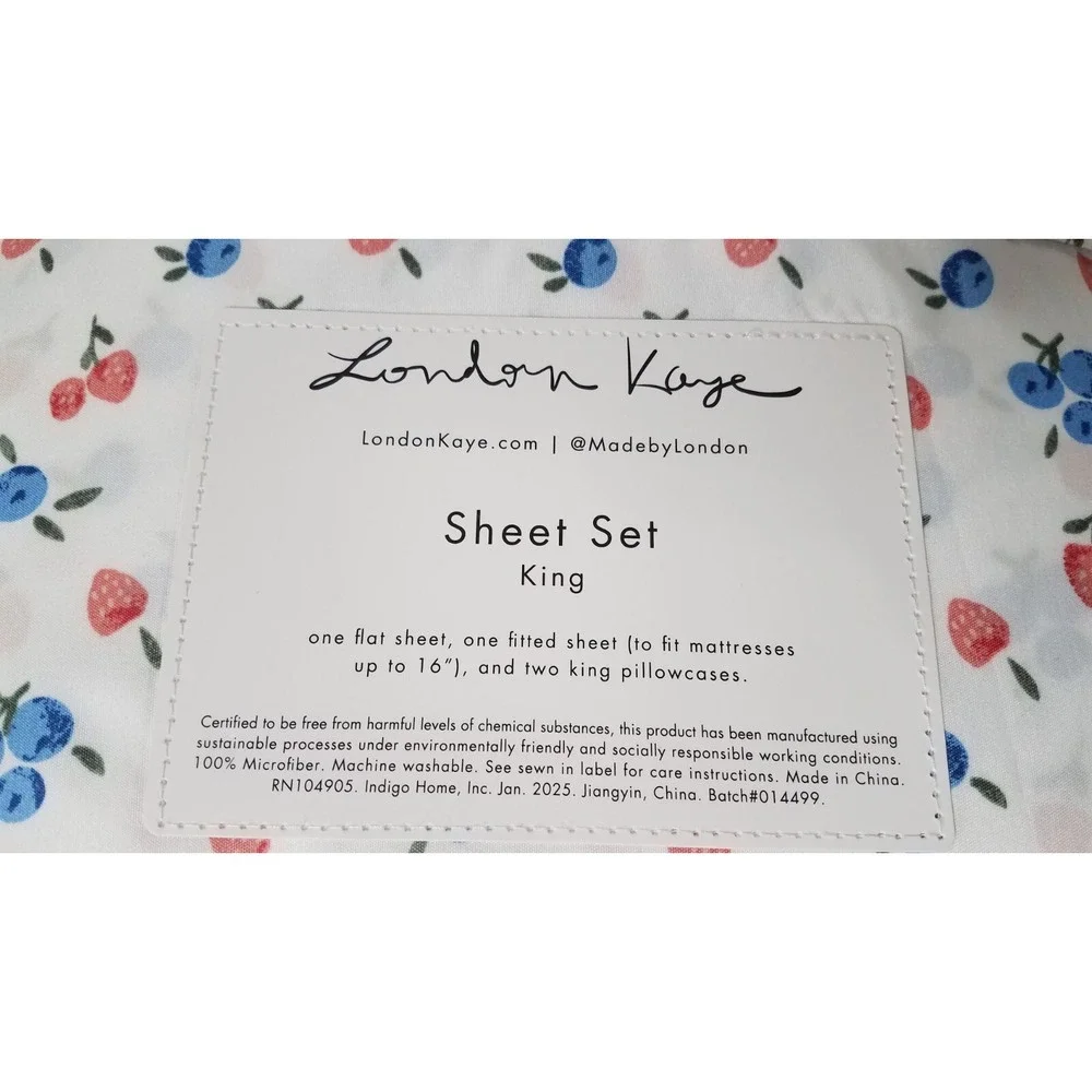 London Kaye KING Size Sheet Set‎ Strawberry Blueberry Spring Time Fun NEW